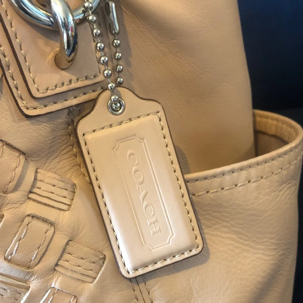 Coach woven leather tote bag EUC 12” x 12” palest pink tan color Rare